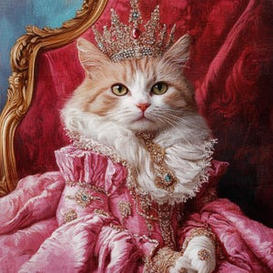 Puede incluir: Un gato blanco y naranja con un vestido rosa y una corona dorada con joyas. El gato está sentado en un trono de terciopelo rojo.
