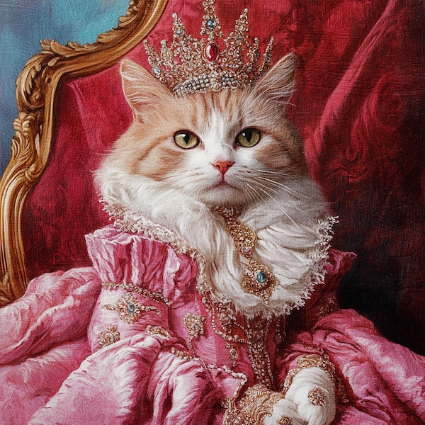 Portrait personnalisé de chat de la reine royale, peinture de chat de la Renaissance, cadeau pour les amoureux des animaux de compagnie, portrait royal d'animal de compagnie, cadeau portrait d'animal de compagnie, peinture animalière, victorien