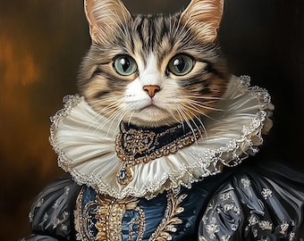 May include: A tabby cat wearing a white lace collar and a blue and gold dress. The cat has green eyes and a white patch on its chest.