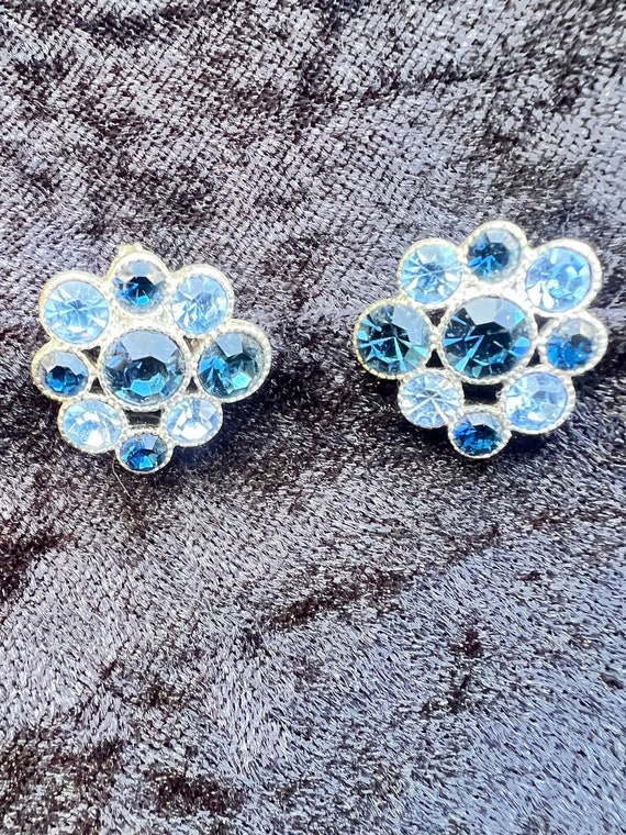 HMN Signed Sparkly Blue Floral Clip-On Earrings