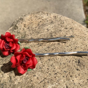 Rose Hair  Bobbie Pin Silver Plated Red Rose Hair Jewelry