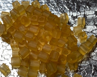 Cube Beads Miyuki Translparent Frosted Lt Amber = Tan  100 Beads  4mm