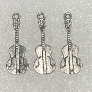 6 Violin Charms Silver Plated 26mm