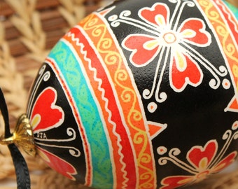 Pysanky Easter Egg Ornament, Ukrainian Easter Egg for Hanging, Batik Art Egg, Red Flowers with Blue and Orange border, Dyed Chicken Eggshell