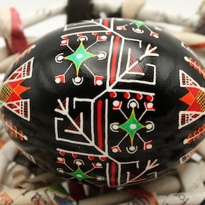 Geometric Colorful Pysanka and Stand, Handmade Easter Gift, Black Green and Red Ukrainian Easter Egg, Batik Chicken Egg