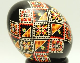 Orange and Black Pysanky Egg with Stand, Ukrainian Easter Egg, Batik Chicken Eggshell, Folk Art Gift , Thoughtful Gift for Friend