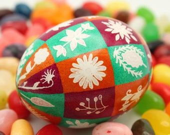 White Etched Flowers Batik Easter Egg in Stand, Pink Orange and Green Art Egg, Unique Gift, Chicken Eggshell