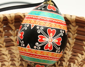Pysanky Easter Egg Ornament, Ukrainian Easter Egg for Hanging, Batik Art Egg, Red Flowers with Blue and Orange border, Dyed Chicken Eggshell