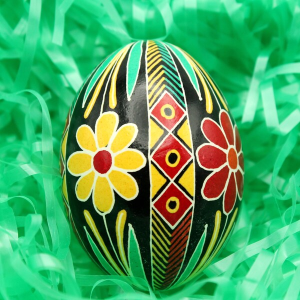 Red and Yellow Flowers Pysanky Egg, Chicken Ukrainian Easter Egg with Stand, Tropical Home Decor, Gift For Her