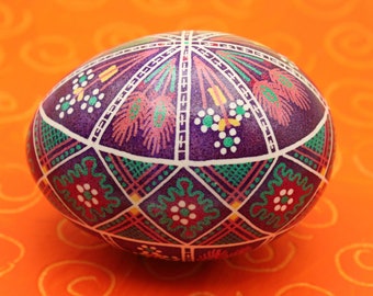 Purple and Orange Harvest Pysanka, Wheat Grain Motif Ukrainian Easter Egg, Batik Chicken Egg