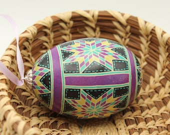 Quilt Style Batik Easter Egg Ornament for Hanging with Purple and Blue Stars
