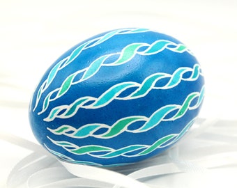 Blue and Green Ribbons Pysanka Easter Egg, Batik Chicken Eggshell, Pysanky Eggs, Egg Art