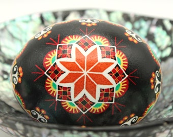 Orange Rose Pysanka, Black red and orange pysanky Ukrainian Easter Egg, Pysanky Eggs, Batik Chicken Egg