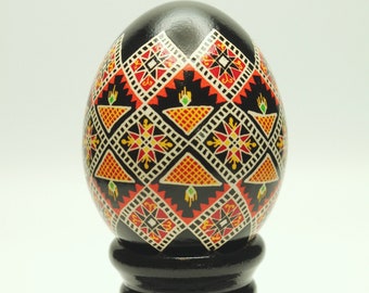 Orange and Black Pysanky Egg with Stand, Ukrainian Easter Egg, Batik Chicken Eggshell, Folk Art Gift , Thoughtful Gift for Friend