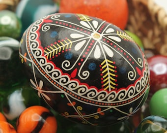 Black Ukrainian Egg for Mantle Easter Decor, Pysanky Gift for Egg Collector, Batik Chicken Egg