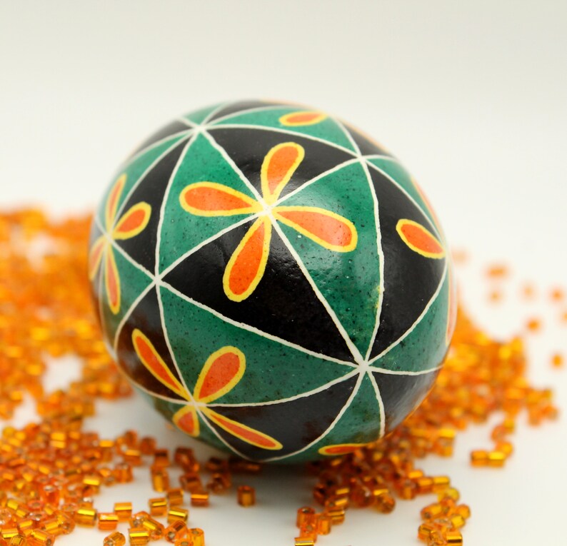 Chicken Egg Pysanka With Orange Flowers and Green and Black - Etsy