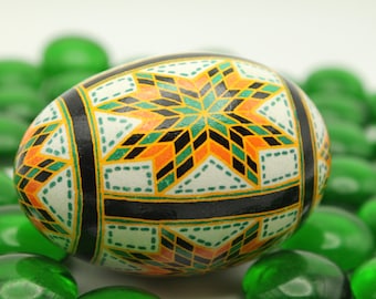 Quilt Style Batik Easter Egg with Green, Gold and Black Stars, St Patrick’s Day Colors