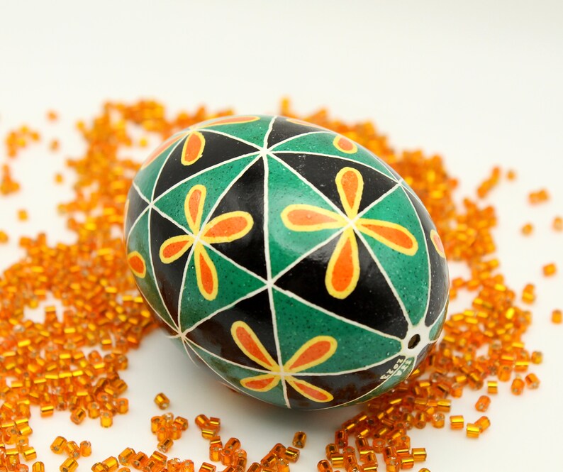 Chicken Egg Pysanka With Orange Flowers and Green and Black - Etsy