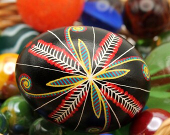 Pysanky Easter Egg, Ukrainian Easter Egg, Batik Egg Art, Yellow Red and Blue Spirals on Black Easter Egg, Chicken Eggshell