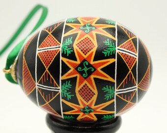 Hanging Pysanka Ornament with Orange Stars and Green Pine Needles, Ukrainian Easter Egg Gift, Easter Basket Decor