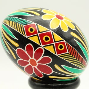 Red and Yellow Flowers Pysanky Egg, Chicken Ukrainian Easter Egg with Stand, Tropical Home Decor, Gift For Her