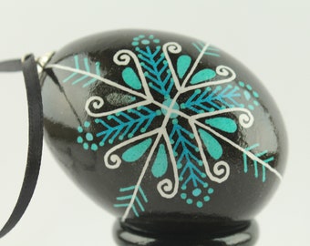 Pysanka Egg Ornament, Blue and Black Pysanky Ukrainian Easter Egg for Hanging, Batik Art Egg, Chicken Eggshell, Easter Ornament