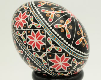 Stars and Flowers Pysanky Easter Egg, Red, Green and Black Ukrainian Easter Egg, Batik Egg Art, Chicken Eggshell