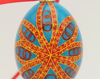 Red and Gold Flower Egg Ornament | Blue and Red Batik Chicken Egg | Eggshell Ornament | Unique Gift