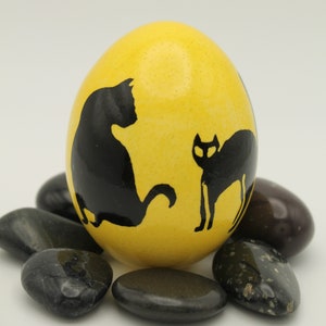 Black Cat Halloween Batik Egg, Yellow and Black Dyed Chicken Egg, Halloween Decor, Cat Lover Gift image 1