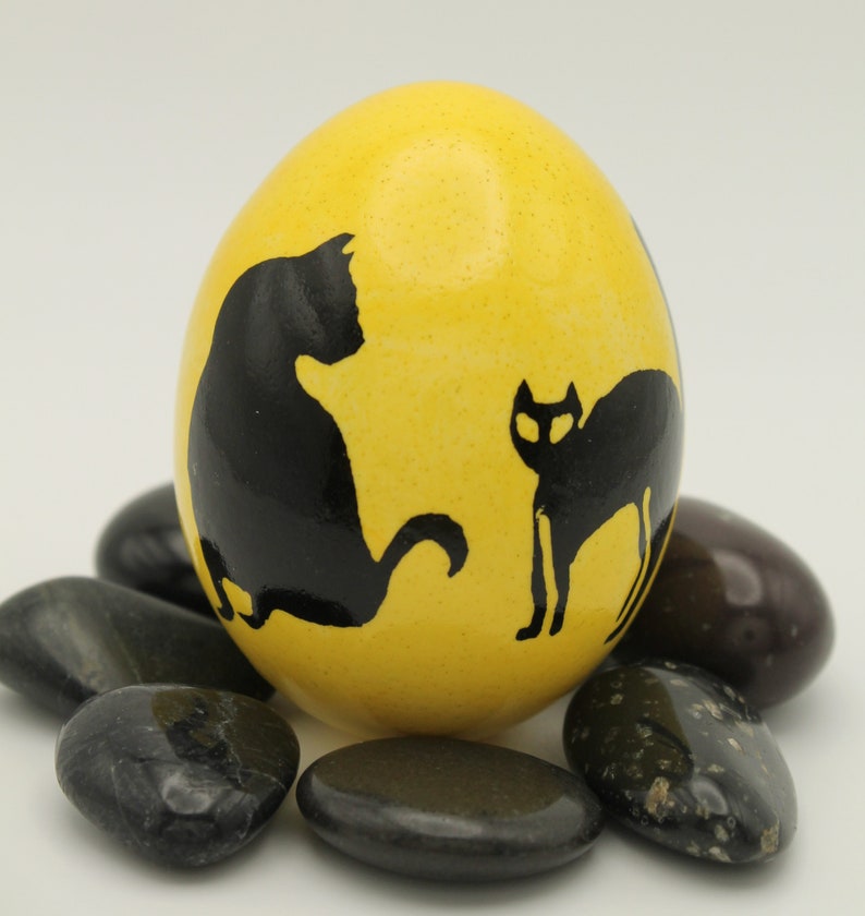 Black Cat Halloween Batik Egg, Yellow and Black Dyed Chicken Egg, Halloween Decor, Cat Lover Gift image 1