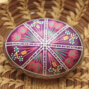 Purple and Orange Harvest Pysanka, Wheat Grain Motif Ukrainian Easter Egg, Batik Chicken Egg