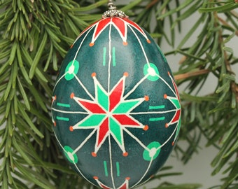 Red and Green Star Egg Ornament, Chicken Egg Pysanka, Ukrainian Easter Egg For Hanging, Holiday Pysanky