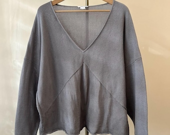 Jersey de punto con cuello en V de HELMUT LANG para mujer, talla L, estilo urbano vanguardista, jersey gris de algodón, corte oversize, estilo desgastado, años 2000, Y2K.