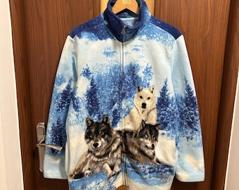 Vintage Nature Animal Wolf Full Print Full Zip Fleece jumper Women's Size L Ski Retro sweater 90's Winter Sport Animal Pattern Athletic Wear