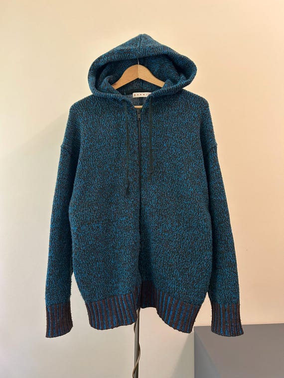 Marni, Marni x Uniqlo Popcorn Knit Full Zip Hoodie Jacket Blue Brown Chunky Cardigan Sweater Unisex Y2K Streetwear Gorpcore Hooded Blouson Size M