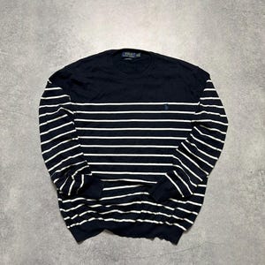 vintage Polo Ralph Lauren Striped Crewneck Knitted Sweater Men&#39;s Size XL Old Money navy white cotton casual streetwear style 90&#39;s-2000&#39;s