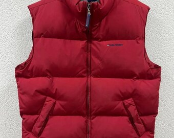 Gilet imbottito vintage TOMMY HILFIGER da uomo, taglia XL, autentico, retrò, rave, hipster, anni '90-'00, abbigliamento streetwear, sportivo, rosso