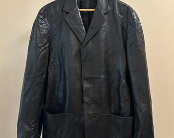vintage Donna Karan New York 100% Leder Blazer Herrengröße M lässige Mode streewear schwarze Jacke Stil 2000er Luxus stilvolle Kleidung DKNY