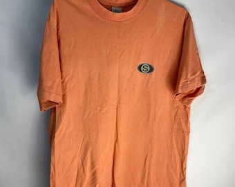 Vintage 90's Stussy Big Logo Made in USA T Shirt Men's Size L orange retro street wear sk8 Rap Hip Hop style 00's Casual Authentic wear