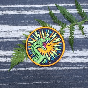 Puede incluir: Un parche bordado circular con un diseño de rayo y una criatura que parece un dragón de color verde y amarillo. El parche tiene un fondo negro.