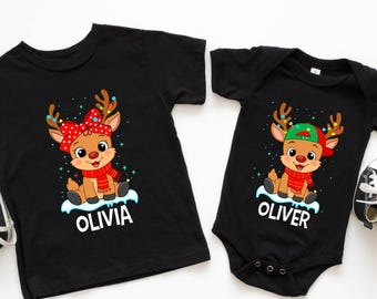 Personalized Reindeer Baby Onesie, Cute Holiday Bodysuit with Red Bow and Name, Custom Name Christmas Tee