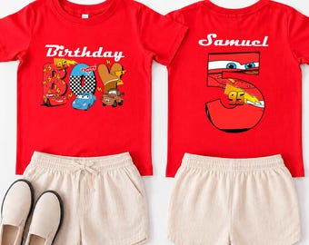 Personalized Lightning Cars 5th Birthday Boy Shirt, Custom Name Five Year Old Race Car Party Outfit