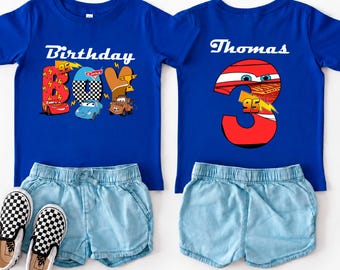Custom Name Lightning Cars 3rd Birthday Boy Shirt, Personalized Race Car Party Outfit for Three Years Old