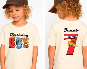 Personalized Cars 7th Birthday Boy Shirt, Custom Name Seven Year Old Race Car Party Outfit Lightning Kids Birthday Tee