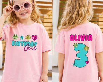 Personalized 3rd Birthday Girl Shirt, Glitter Flower Theme Custom Name Three Year Old Preppy Party Outfit