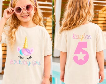 Personalized 5th Birthday Girl Shirt, Unicorn Theme Custom Name Five Year Old Magic Unicorn Party Outfit Pastel Graphics Kids Birthday Tee