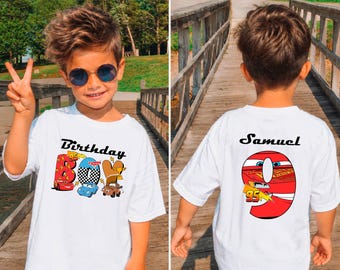 Custom Name 9th Birthday Boy Shirt, Personalized Nine Year Old Race Car Party Outfit Lightning Cars Kids Birthday Tee