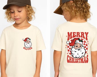 Personalized Kids Christmas Shirt with Santa Face, Custom Name Retro Xmas Tee, Holiday Toddler Shirt, Merry Christmas T-Shirt