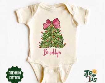 Coquette Christmas Tree Baby Onesie, Personalized Holiday Baby Bodysuit with Pink Bow, Christmas Toddler Shirt, Custom Name Christmas Tee
