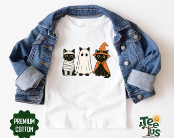 Ghost Cats Halloween Kids Shirt, Spooky Trick Or Treat Top, Retro Spooky Kitten Fall Vibes Outfit